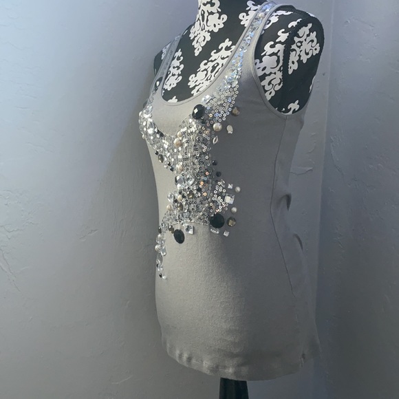 Gray Sequins, Rhinestone Tank Top - Size:L - Picture 4 of 6